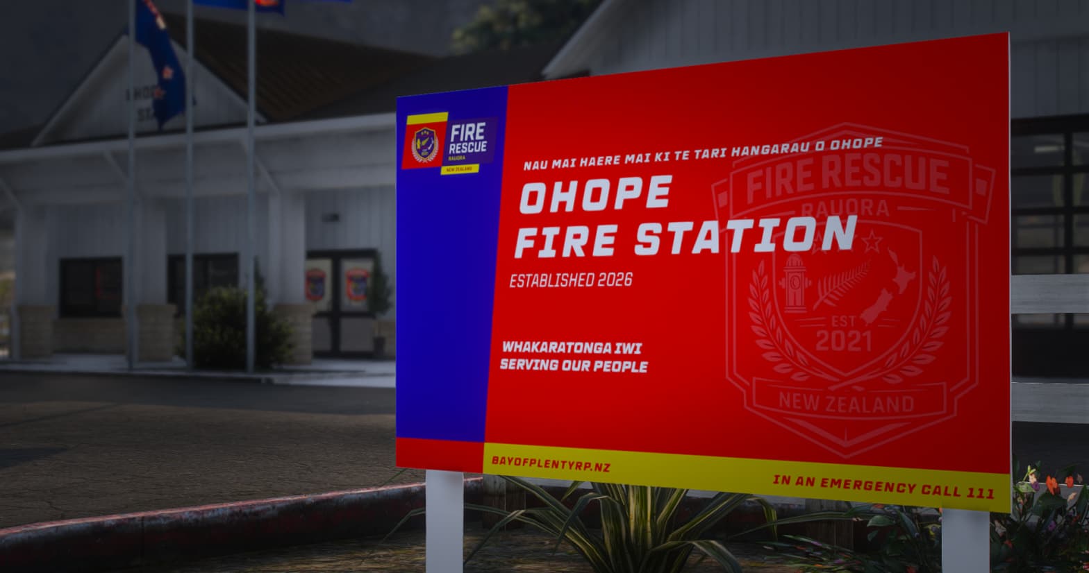 Ohope Fire Station signage reading 'Fire Rescue, Serving Our People' outside the station building