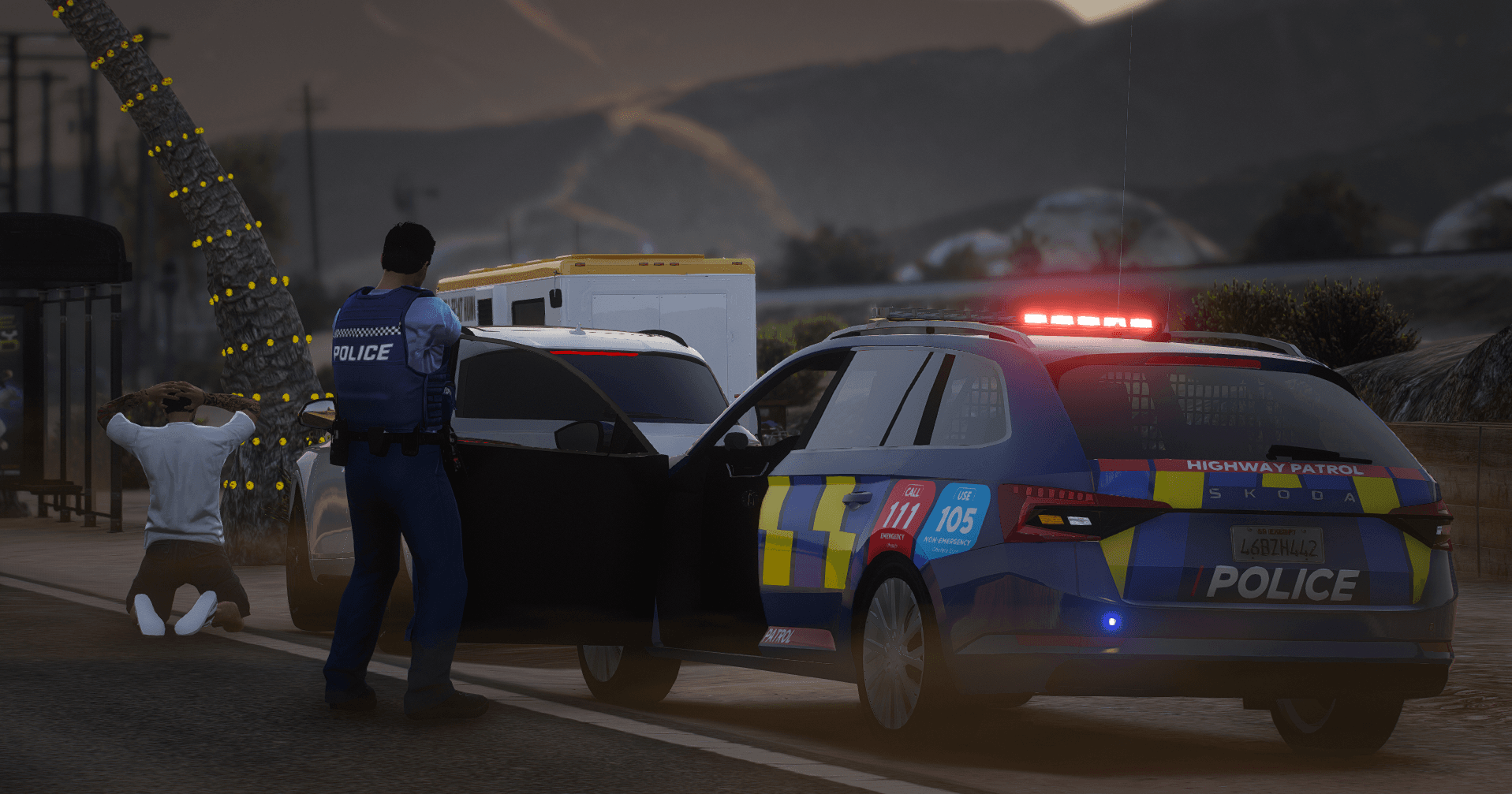 NZ Police Highway Patrol vehicle on scene at night with an officer detaining a suspect roadside