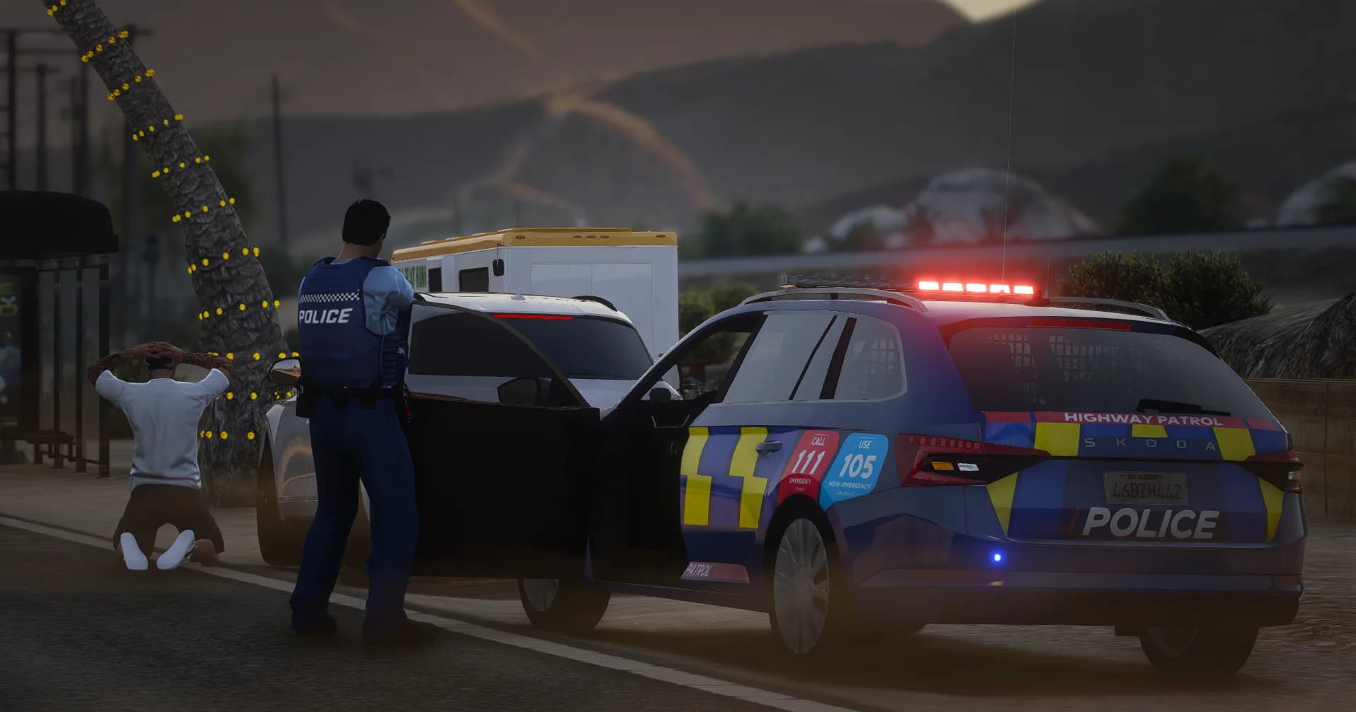 NZ Police Highway Patrol vehicle on scene at night with an officer detaining a suspect roadside